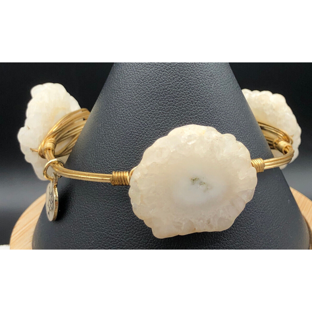 Bourbon & Boweties Bracelet‎ Milky Quartz Slabs Gold Tone Wire Wrapped Bangle
